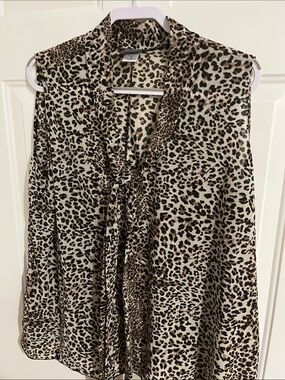 Dots Leopard Print Tie-Neck Sleeveless Blouse - Cream & Brown